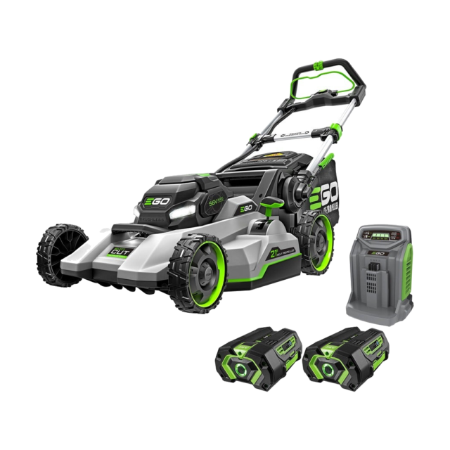 EGO LM2132SP-2 Select Cut 21 inch battery lawn mower shown with two 56 V batteries and a 550 W charger